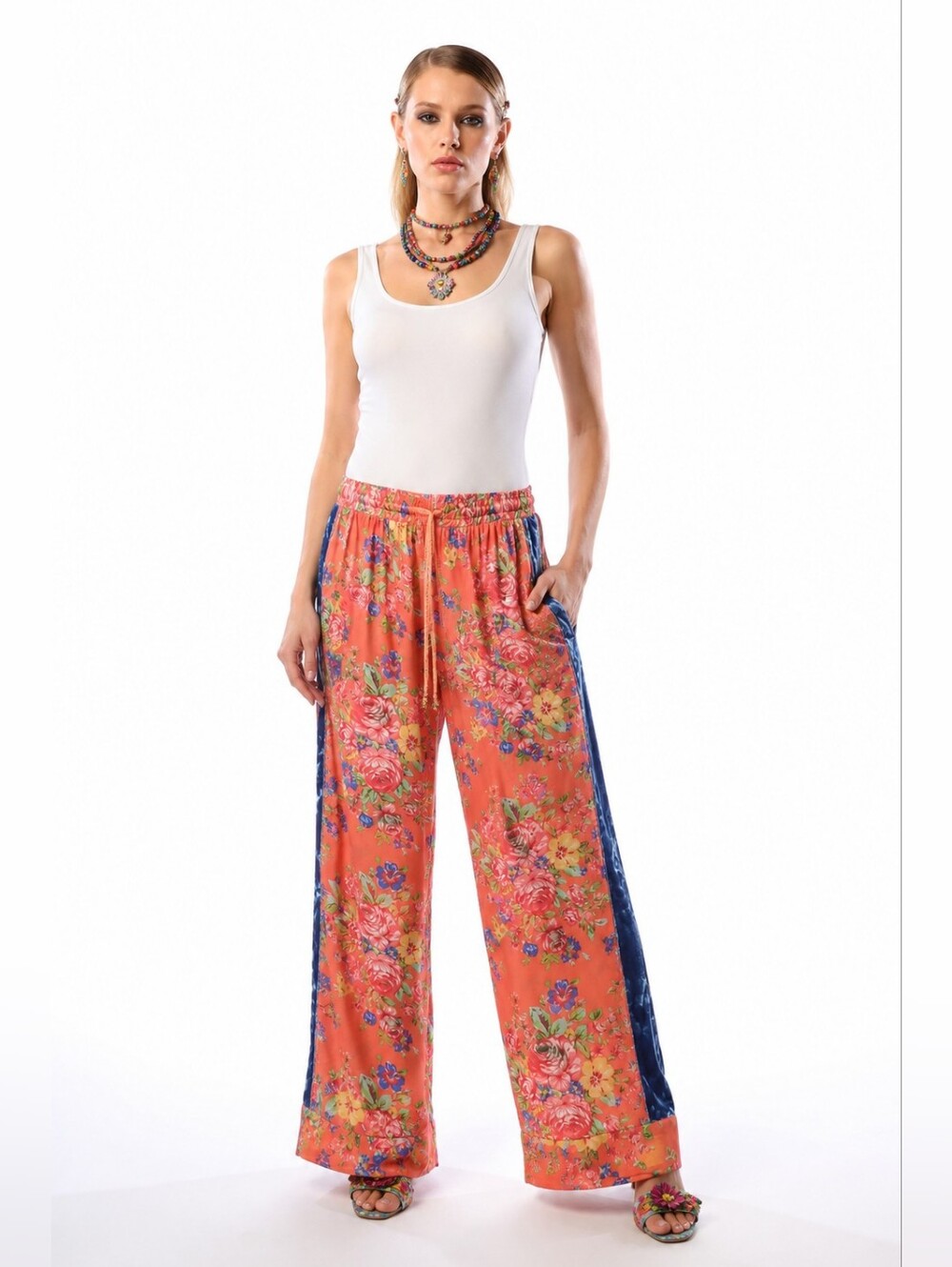 ARATTA SILENT JOURNEY Roses Starletta bright Coral floral Palazzo Pants sz Med